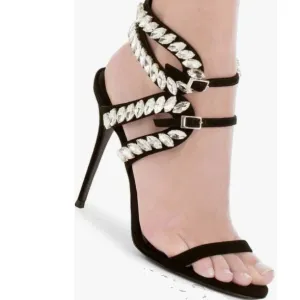 Rhinestone High Heel Suede Cutout Sandals