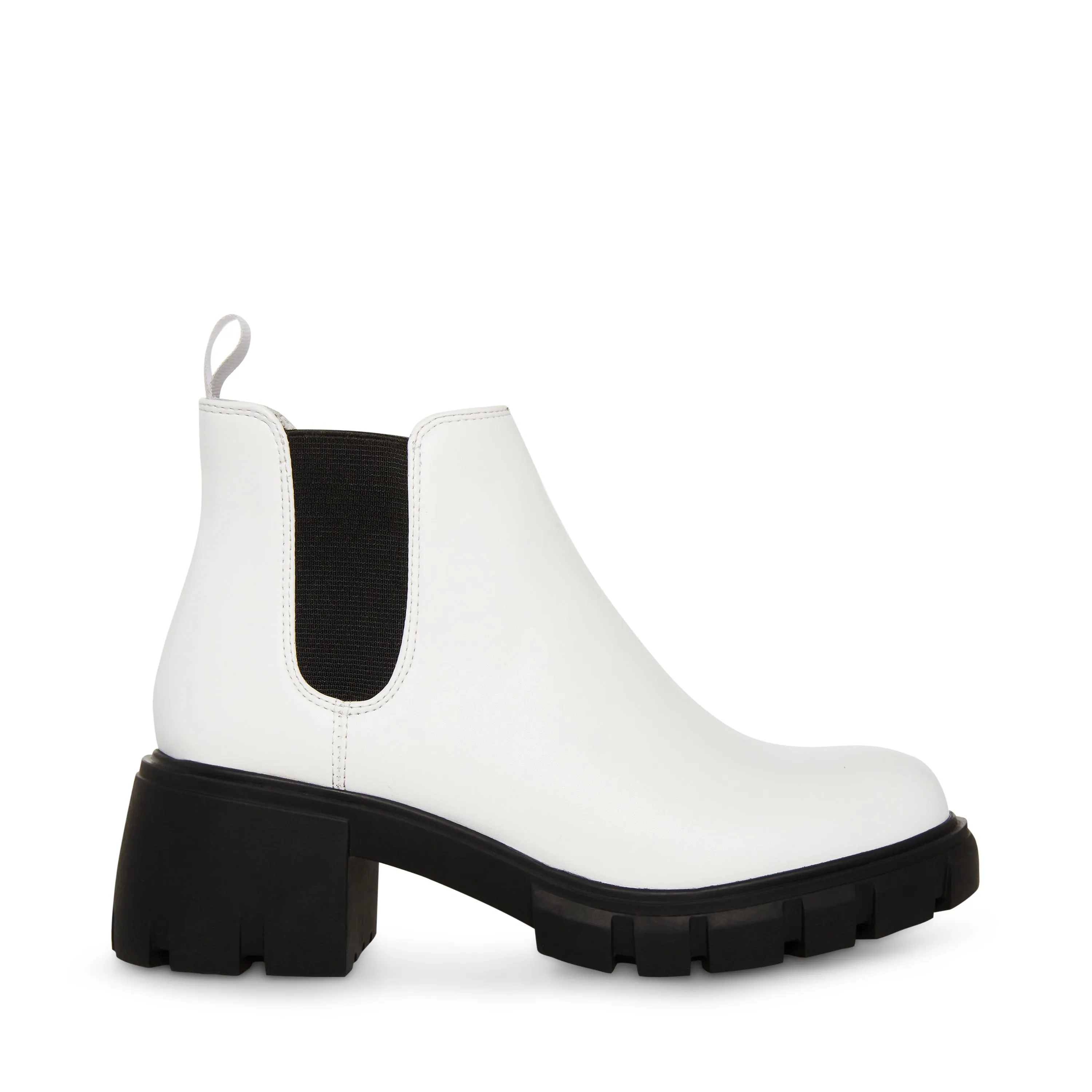 Steve Madden Howler White/Black Block Heel Pull On Platform Leather Ankle Boots