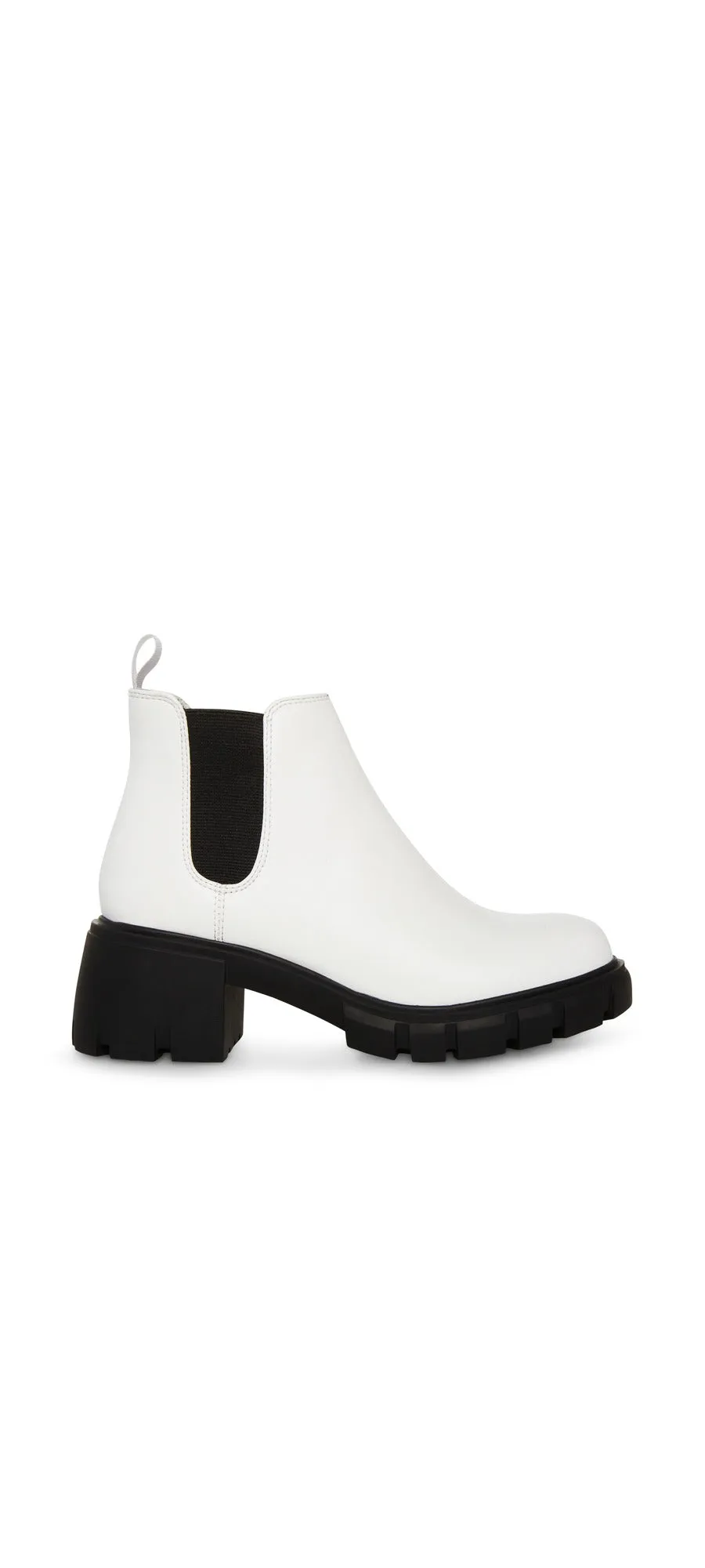 Steve Madden Howler White/Black Block Heel Pull On Platform Leather Ankle Boots