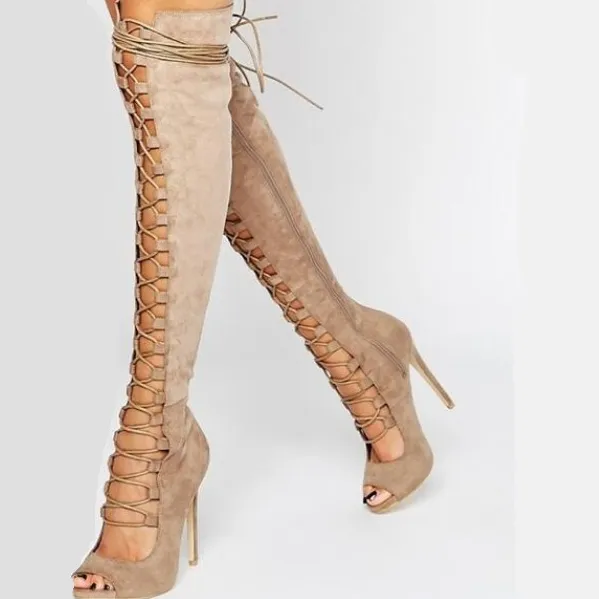 Suede Lace Up Peep Toe Knee High Sandals
