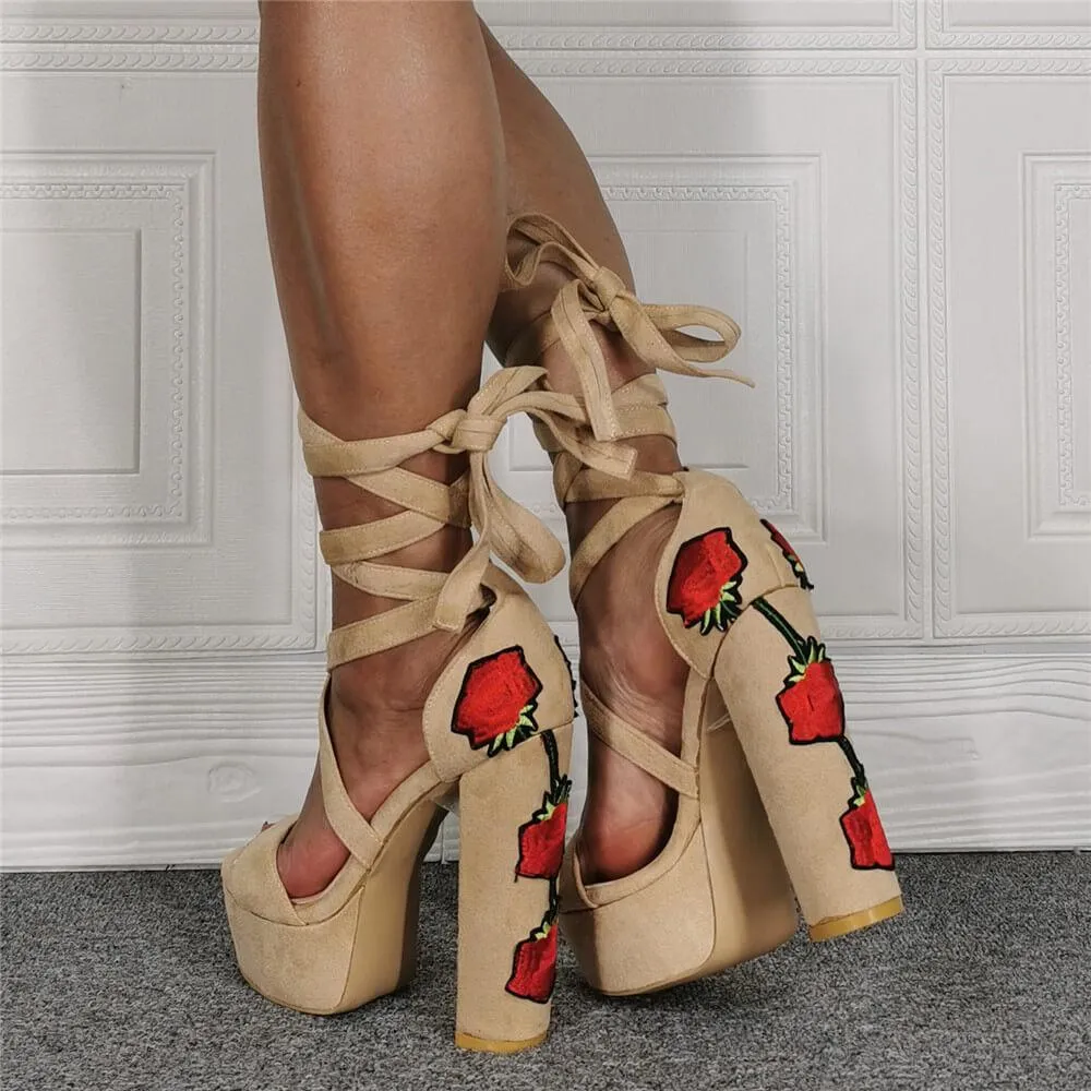 Suede Platform Embroidery Strap Chunky Heel Sandals