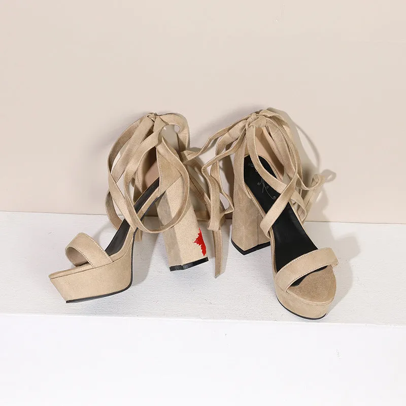 Suede Platform Embroidery Strap Chunky Heel Sandals