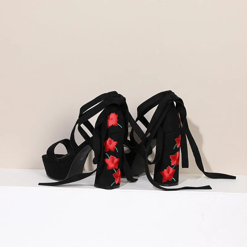 Suede Platform Embroidery Strap Chunky Heel Sandals