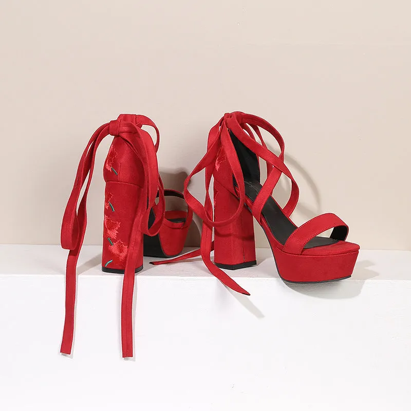 Suede Platform Embroidery Strap Chunky Heel Sandals