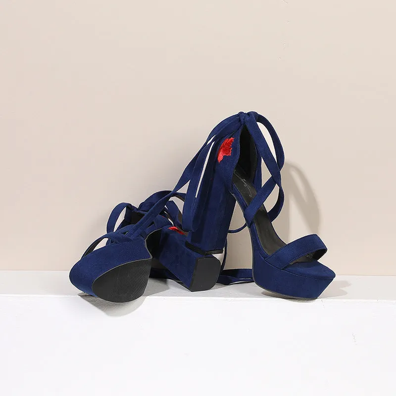 Suede Platform Embroidery Strap Chunky Heel Sandals