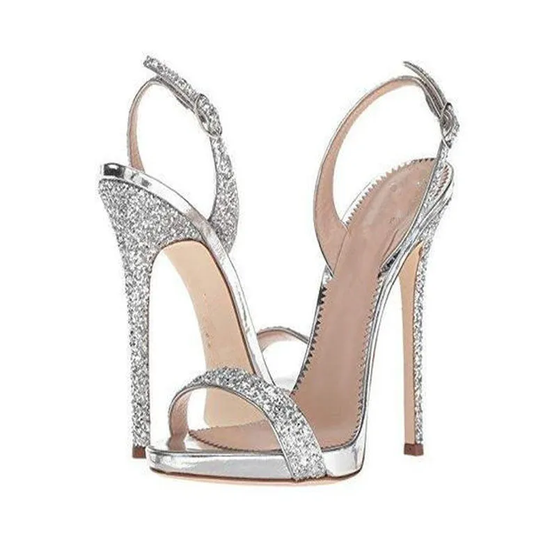 Summer Sequin Buckle Rivet Open Toe High Heel Sandals