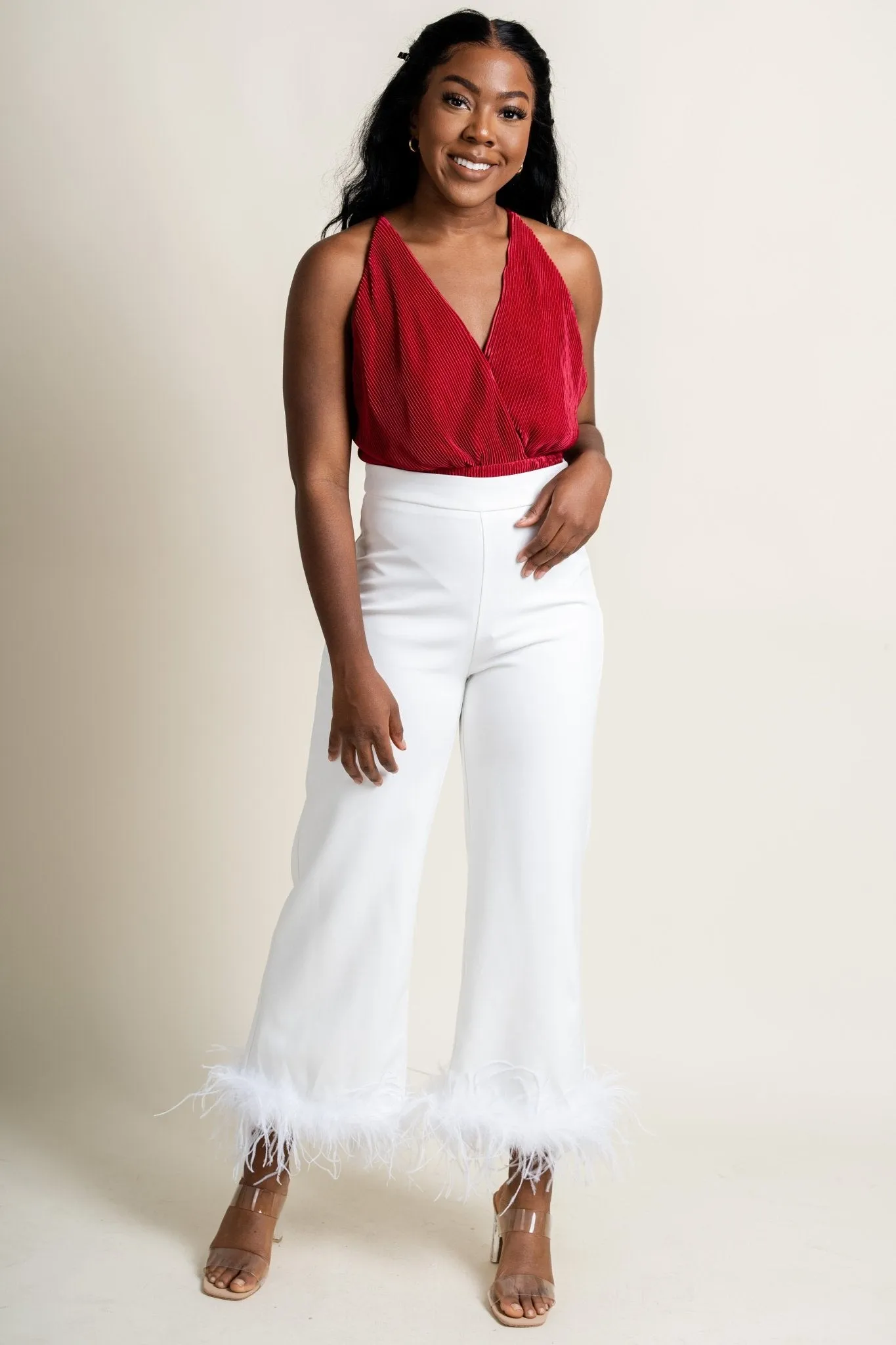 Textured v-neck bodysuit cherry red
