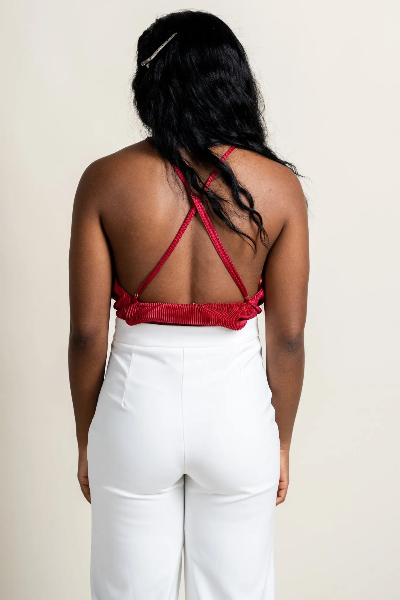 Textured v-neck bodysuit cherry red