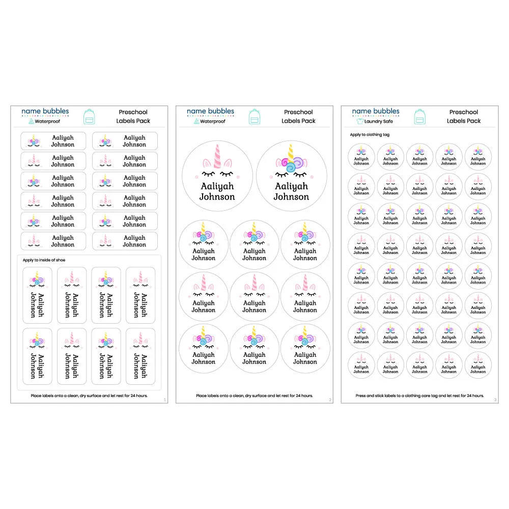 Unicorn Preschool Labels Pack